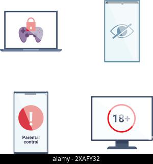 Vector illustration collection showing digital content restriction symbols on screens Stock Vector