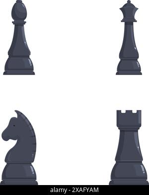 Vector illustration of black chess pieces including pawn, knight, bishop, and rook Stock Vector
