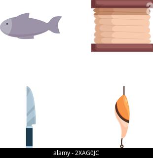 Collection of four fishing related icons, fish, tackle, knife, and bobber Stock Vector