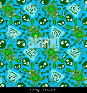 Halloween monsters seamless bunnies and pumpkins and skulls pattern for wrapping paper and fabrics and linens and kids clothes print and autumn party Stock Photo