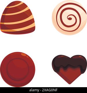 Delicious and indulgent assorted chocolate candies illustration with various shapes, heart, swirl, and striped designs, perfect for confectionery and dessert concepts Stock Vector