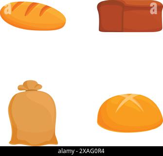 Assorted bakery icons set with various bread. Loaf. Flour. And baker hat vector illustrations. Perfect for food items. Pastries. And baked goods graphic elements. Including carbohydrate. And nutrition Stock Vector