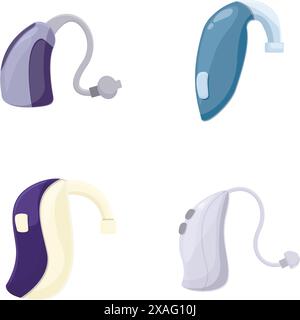 Illustration of four different types of hearing aids in a clean, minimalist style Stock Vector