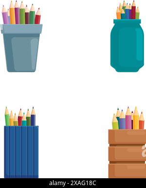 Collection of colored pencils in various containers, a cup, jar, book, and wooden box Stock Vector