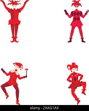Collection of four jolly cartoon jesters, each depicted in a unique, playful stance Stock Vector