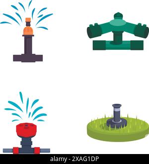 Collection of colorful cartoon sprinkler icons for garden irrigation and lawn watering Stock Vector