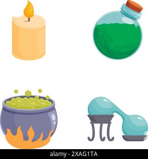 Vector illustrations of a candle, potion bottle, cauldron, and crystal ball on white background Stock Vector