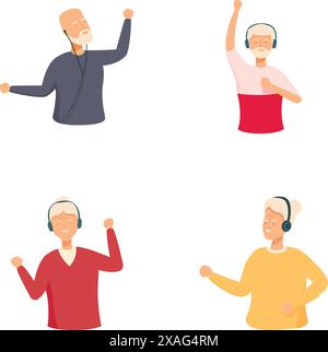 Set of illustrations featuring joyful elderly individuals dancing and listening to music Stock Vector