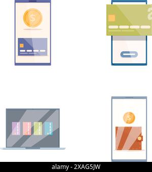 Set of modern digital finance icons for online banking, credit card app, mobile payment, financial technology, money management, and secure transactions Stock Vector