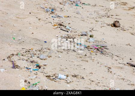 Plastic bags and other trash washed up on the beach of Tampah near Kuta, Lombok Stock Photo