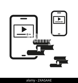 Set of vector icons with smartphone and books. E-learning and online education concept. Stock Vector