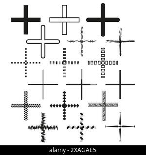 Crosses icons set. Various styles. Geometric patterns. Vector symbols. Stock Vector