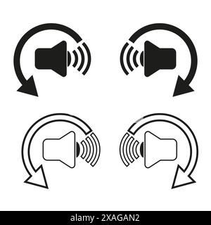 A set of black and white speaker icons with sound waves and arrows. The design includes both filled and outline styles. Set on a white background. Stock Vector