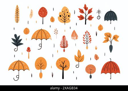 autumn icons, leaves, umbrellas, trees Stock Vector