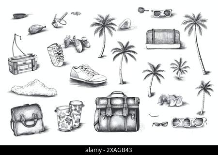 elements related to holidays, beach, palm trees Stock Vector