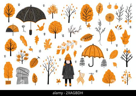 autumn icons, leaves, umbrellas, trees Stock Vector