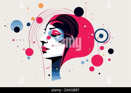 The abstract woman's face is drawn with colorful circles and spots, in the style of futuristic retro. Stock Vector