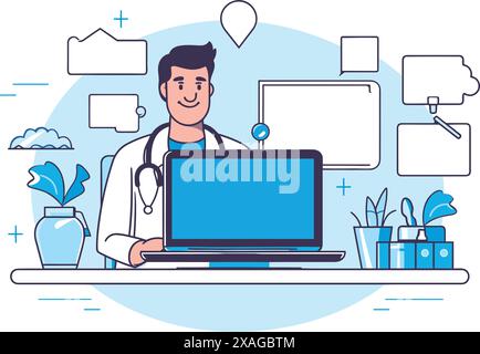 Online doctor, virtual medicine illustration. Doctor in computer screen outline doodle style. Medicine web app, online clinic, mobile pharmacy service Stock Vector