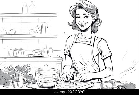 Hand drawn young woman cooking in the kitchen. Cartoon smiling character with apron. Doodle sketch style illustration. Concept of homemade food, prepa Stock Vector