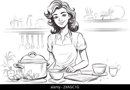Hand drawn young woman cooking in the kitchen. Cartoon smiling character with apron. Doodle sketch style illustration. Concept of homemade food, prepa Stock Vector