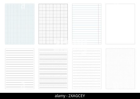 Set of paper sheets. Grid, lined, blank. Vector templates. Stock Vector