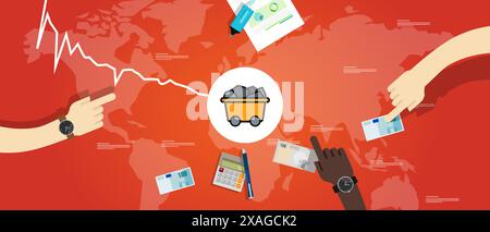 Coal price goes down drop decrease cheap in global commodity market trade export transaction energy stone mining Stock Vector