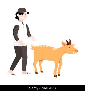 Muslim Man with goat sheep for Sacrifice Islamic Festival Eid Al Adha Mubarak vector illustration. Stock Vector