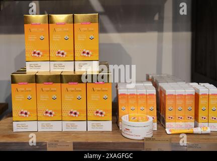 Manuka skin creams displayed at a Manuka honey shop in Auckland, New Zealand. Stock Photo