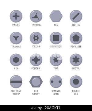 Set of metal screw heads. Stainless steel bolts. Silver nails and rivets. Top view. Vector illustration in flat style. Different hardware elements Stock Vector