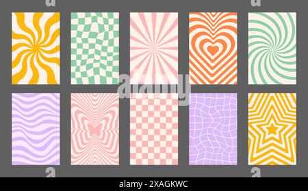 Abstract groovy backgrounds set. Hippie vertical backdrops. Y2k aesthetic. Twisted design in yellow and red colors. Retro psychedelic vector Stock Vector