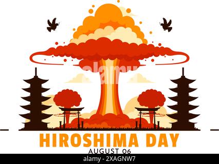 Hiroshima Day Vector Illustration for August 6th featuring a Peace Dove and a Nuclear Explosion Background in a Flat Style Cartoon Design Stock Vector