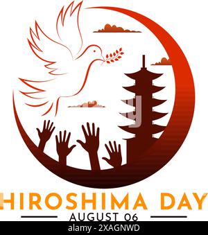 Hiroshima Day Vector Illustration for August 6th featuring a Peace Dove and a Nuclear Explosion Background in a Flat Style Cartoon Design Stock Vector