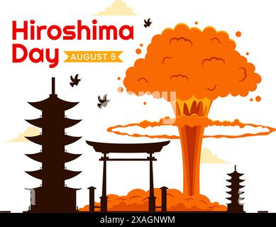 Hiroshima Day Vector Illustration for August 6th featuring a Peace Dove and a Nuclear Explosion Background in a Flat Style Cartoon Design Stock Vector