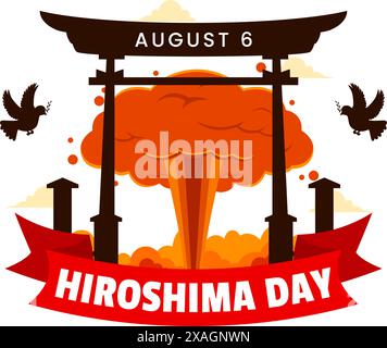 Hiroshima Day Vector Illustration for August 6th featuring a Peace Dove and a Nuclear Explosion Background in a Flat Style Cartoon Design Stock Vector