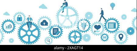 Business concept vector illustration. Gear wheel (technology) and people’s life. Stock Vector