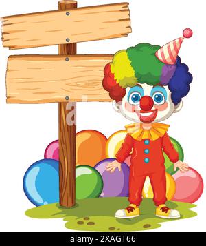 Illustration of a clown beside a circus signboard on a white background ...