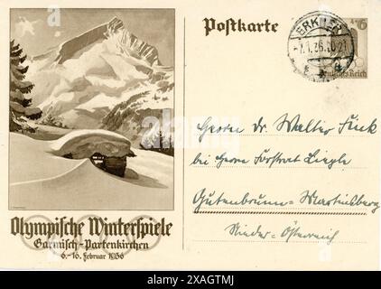 German Postcard for IVth OLYMPIC WINTER GAMES in GARMISCH - PARTENKIRCHEN in Germany from 6th to 16th February 1936 Stock Photo