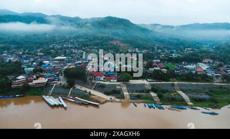 Aerial view of the mighty Mekong River winding from Chiang Khong ...