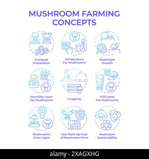 Mushroom farming blue gradient concept icons Stock Vector