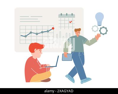 project initiation planning and management coworker with laptop software tracking Stock Vector