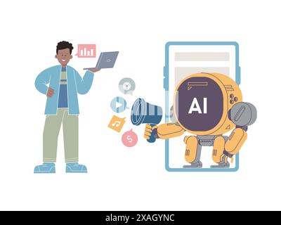 AI in social media artificial intelligence automated interaction chat bot mobile for marketing Stock Vector