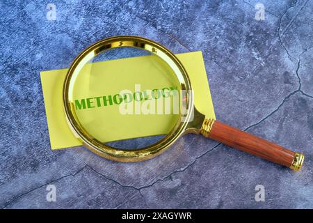 Study or activity concept. The word methodology written through a magnifying glass to a yellow business card lying on a blue abstract background Stock Photo