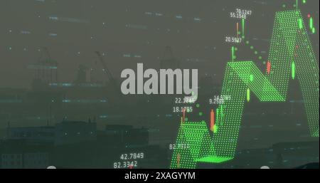 Image of financial data processing against aerial view of cityscape Stock Photo