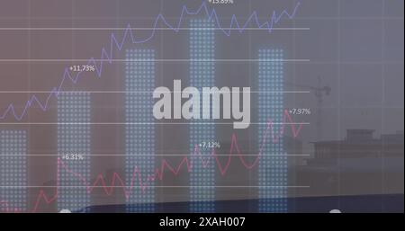 Image of financial data processing over cityscape Stock Photo