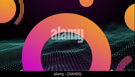 Image of abstract colorful gradient shapes and green digital wave against black background Stock Photo