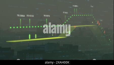 Image of financial data processing against aerial view of cityscape Stock Photo