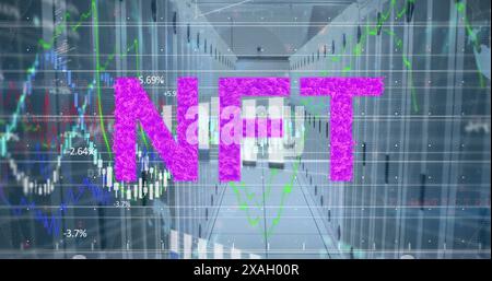 Image of nft text, financial data processing over servers background Stock Photo