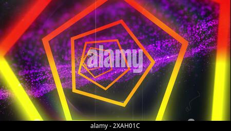 Image of neon tunnel in seamless pattern over purple digital wave against black background Stock Photo