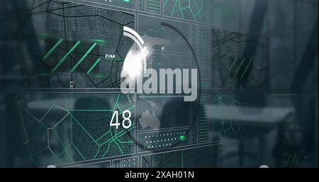 Image of interface with data processing over spinning globe against empty office Stock Photo