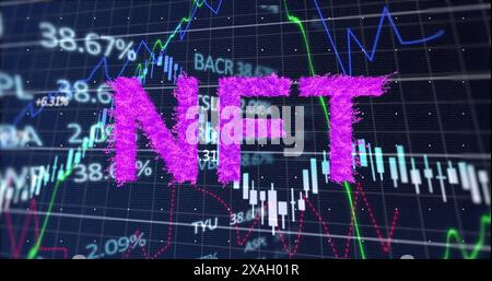 Image of nft text and financial data processing over dark background Stock Photo